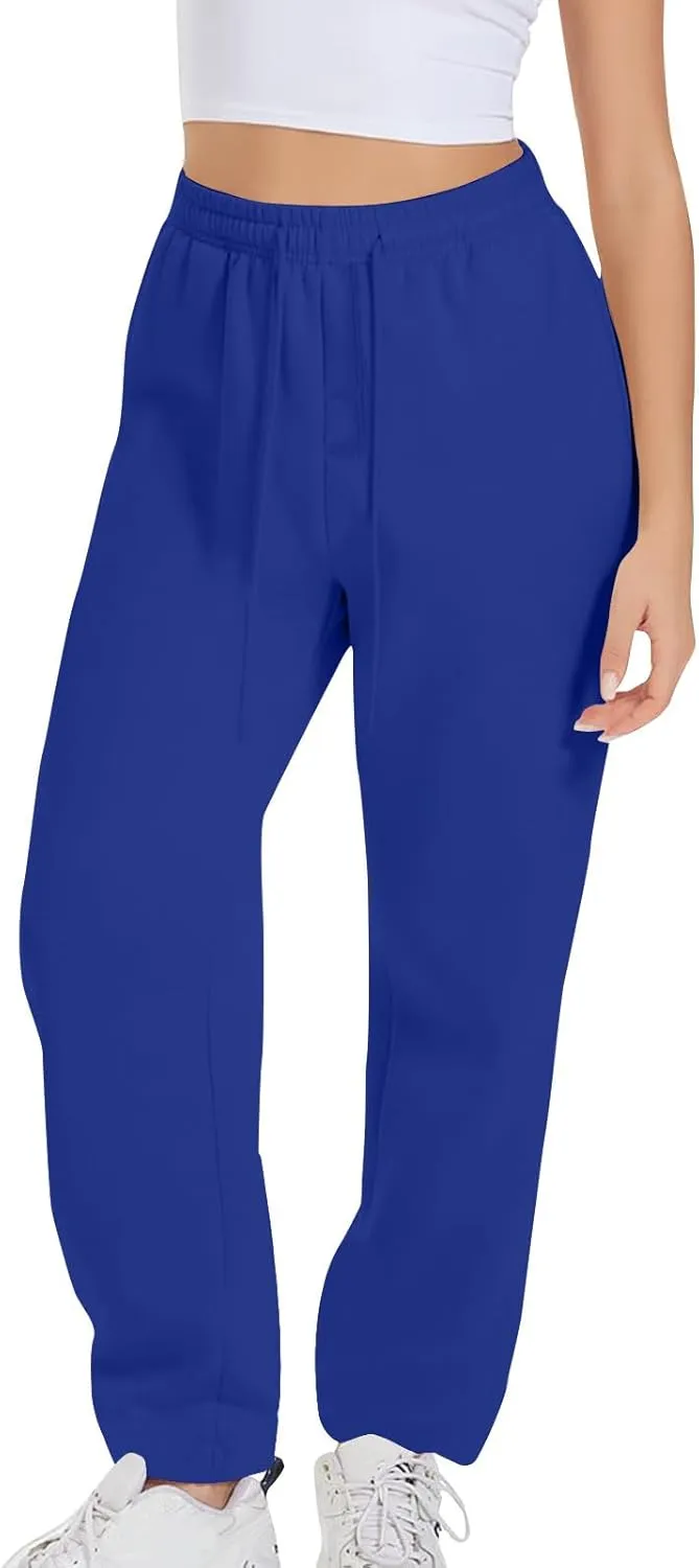 Womens Sweatpants 2024 Solid Fleece Lined Wide Leg Pants Drawstring Casual Pants with Pockets