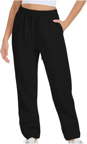 Womens Sweatpants 2024 Solid Fleece Lined Wide Leg Pants Drawstring Casual Pants with Pockets