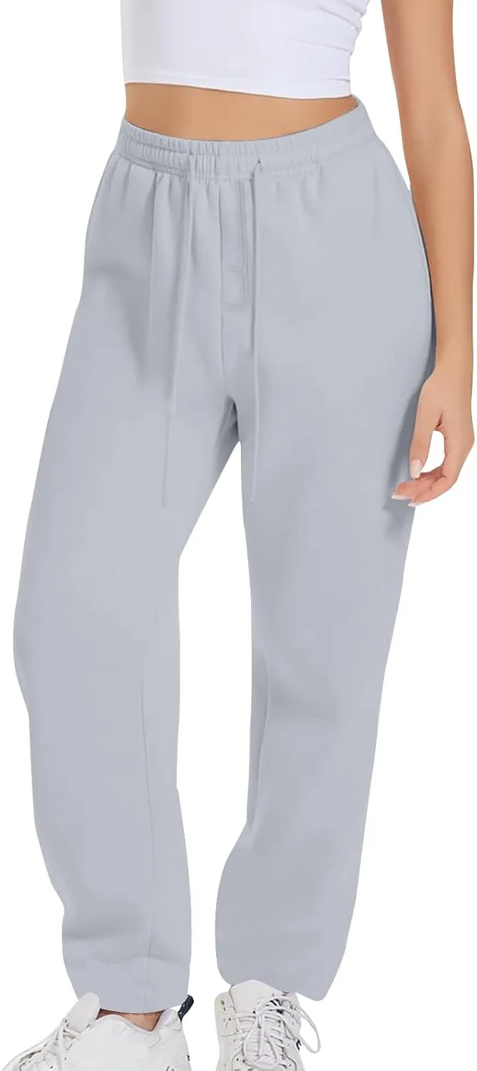 Womens Sweatpants 2024 Solid Fleece Lined Wide Leg Pants Drawstring Casual Pants with Pockets