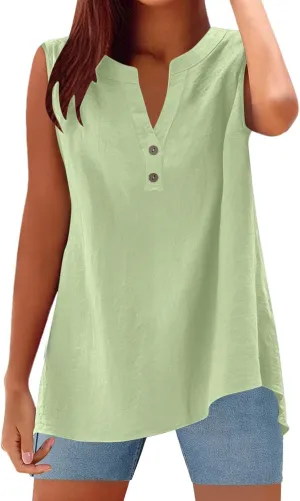 Women's Trendy Button-Down Linen Tunic Tank Tops Cotton Blend Casual Loose V-Neck Camisole for Yoga/Resort Wear