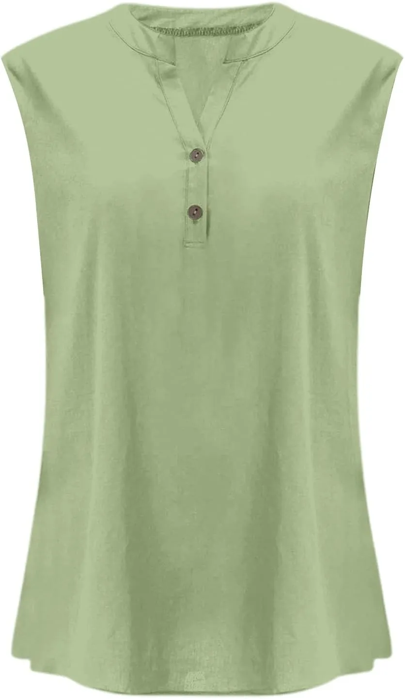 Women's Trendy Button-Down Linen Tunic Tank Tops Cotton Blend Casual Loose V-Neck Camisole for Yoga/Resort Wear