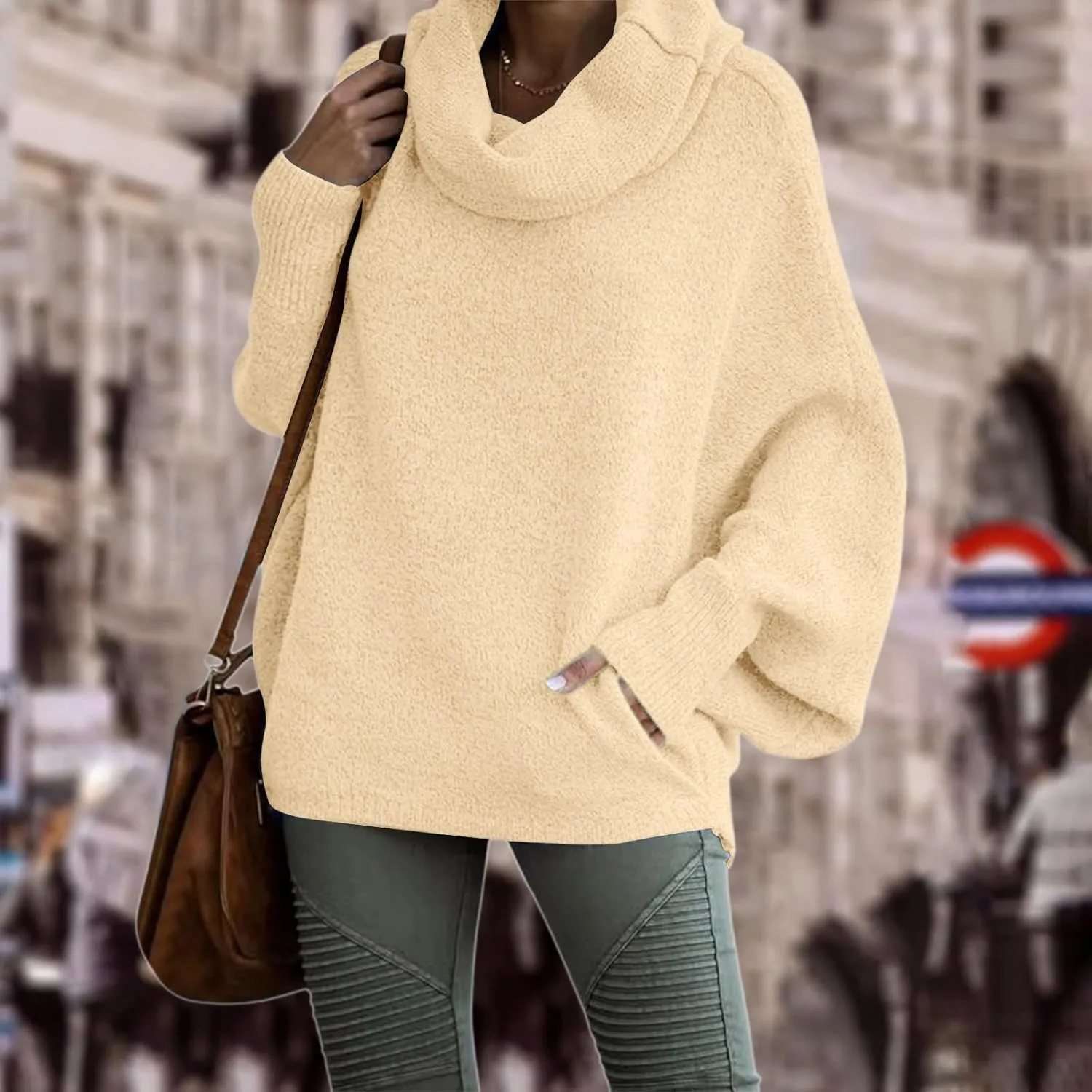 Women's Turtleneck Oversized Batwing Sweaters Casual Soft Knit Trendy Pullover Tops Winter Dresses 2024 Fall