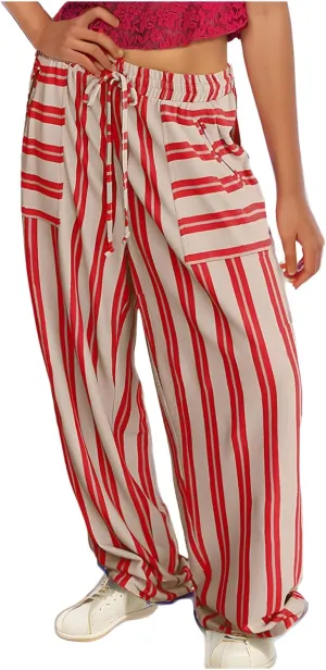 Womens Wide Leg Pants Drawstring Straight Leg Trousers Beach Vacation Loungewear Striped Pant with Pockets