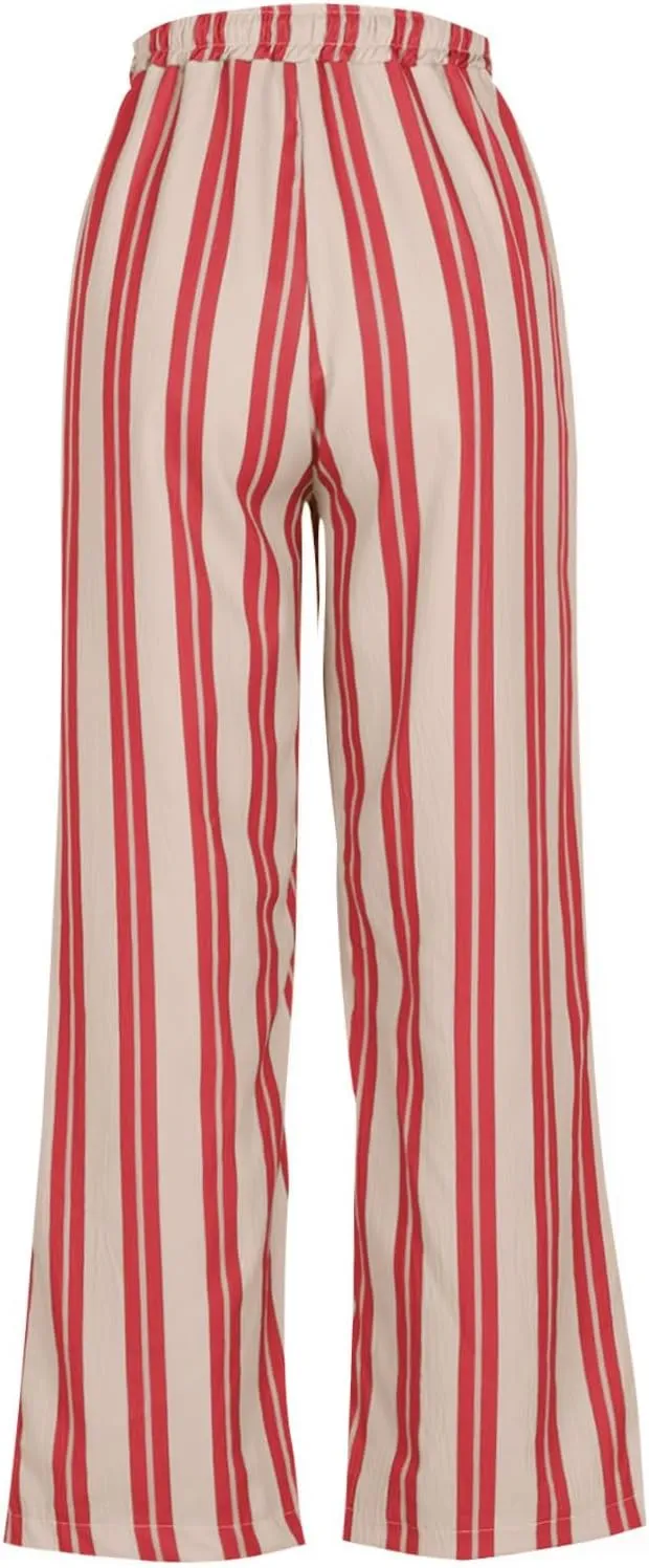 Womens Wide Leg Pants Drawstring Straight Leg Trousers Beach Vacation Loungewear Striped Pant with Pockets