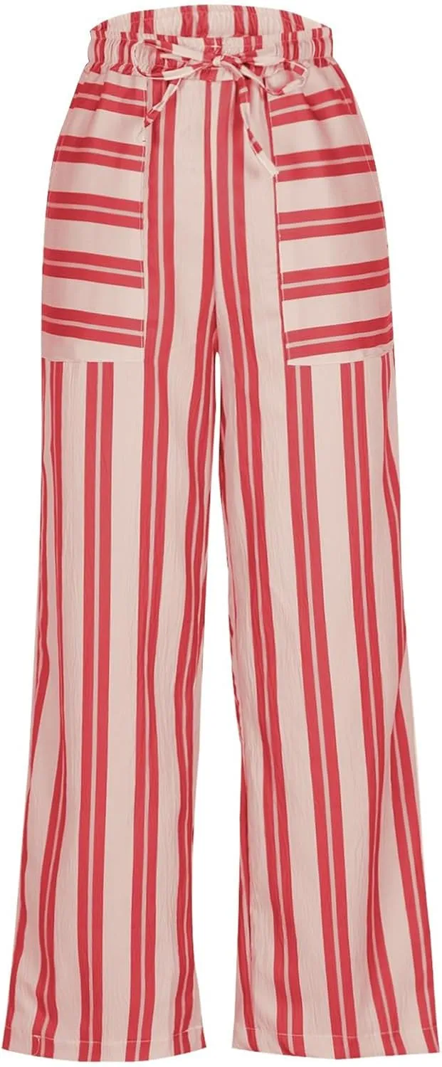 Womens Wide Leg Pants Drawstring Straight Leg Trousers Beach Vacation Loungewear Striped Pant with Pockets