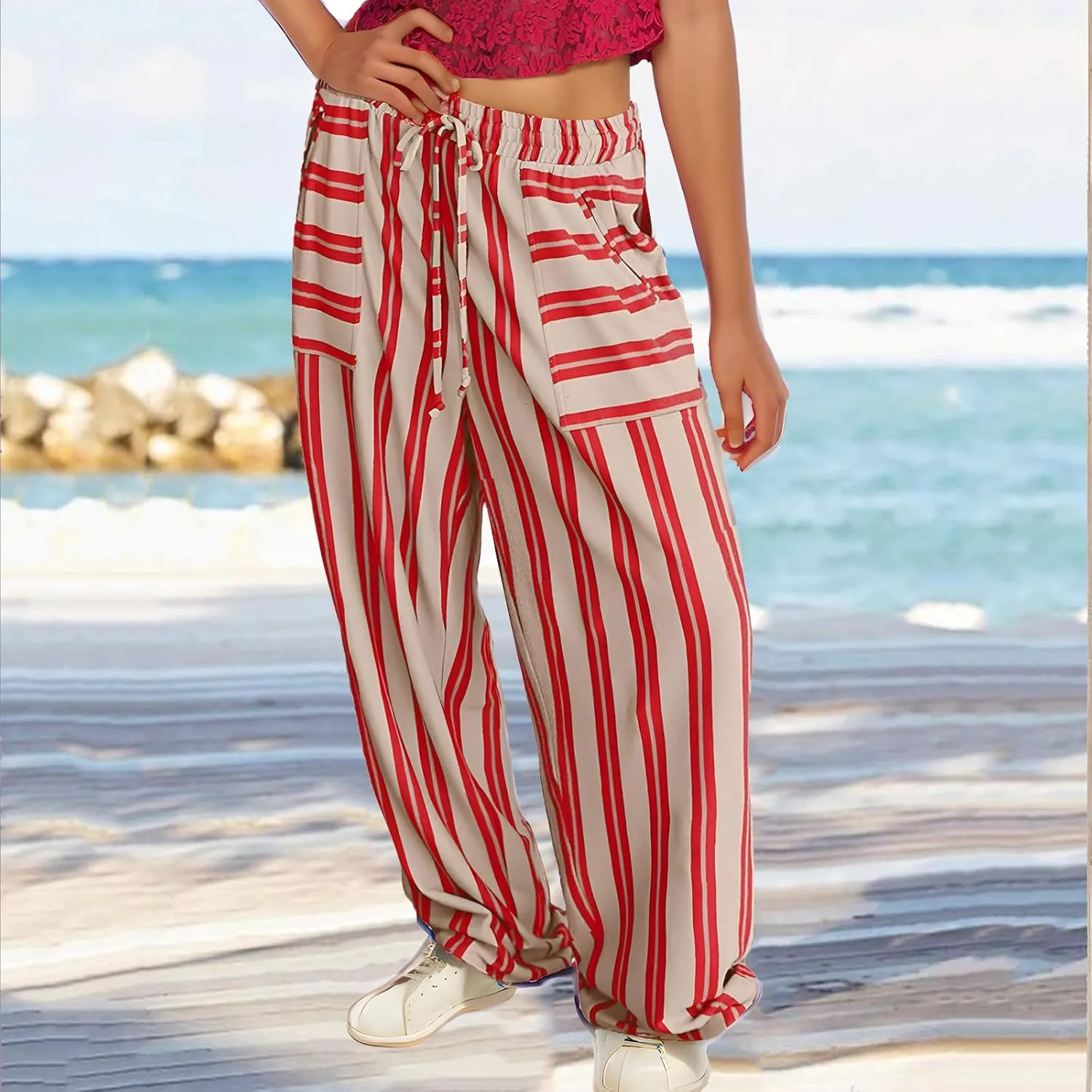 Womens Wide Leg Pants Drawstring Straight Leg Trousers Beach Vacation Loungewear Striped Pant with Pockets
