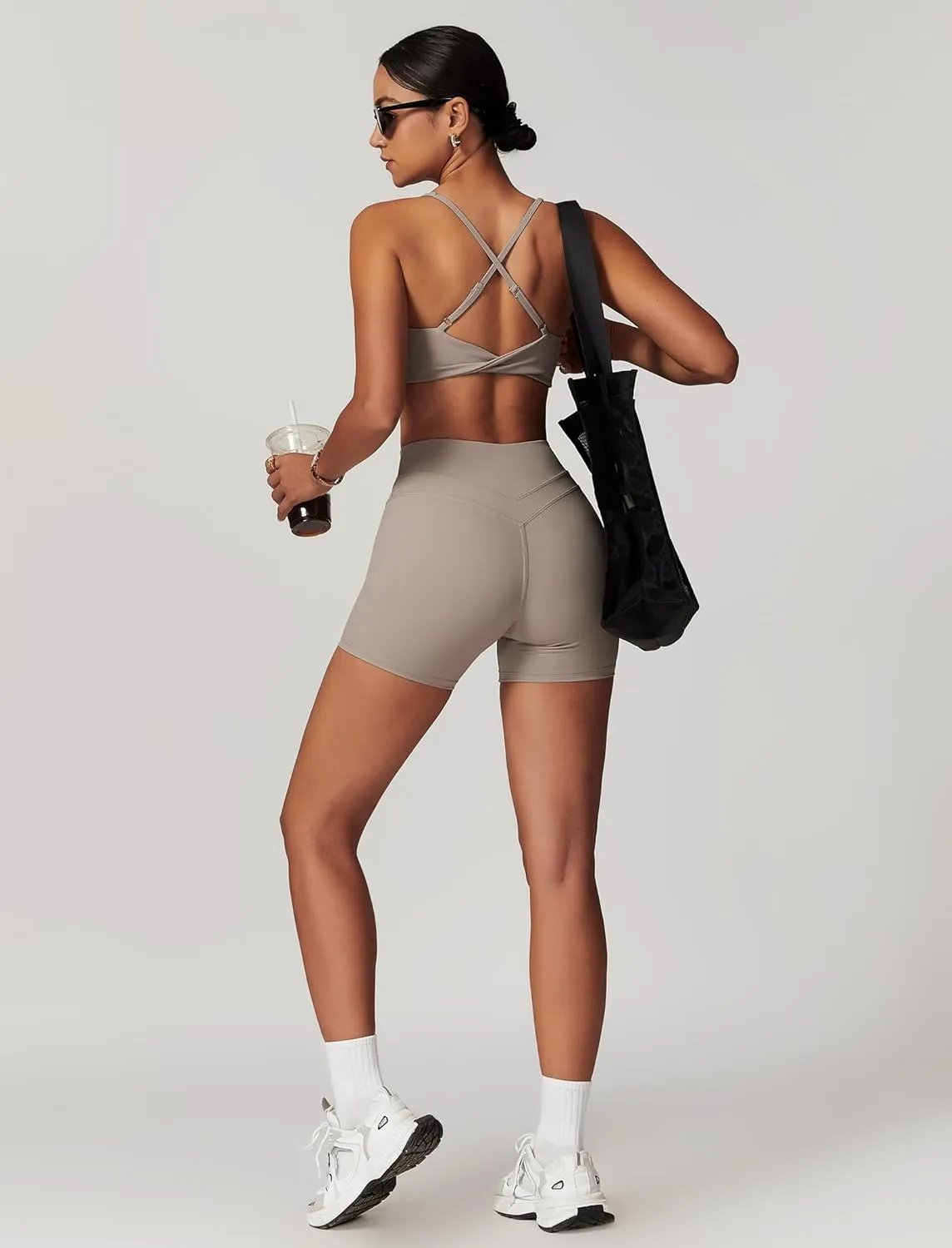 Womens Workout Sets Cross Back Sports Bras Matching High Waist Biker Shorts Yoga Jogger Outfits Work Out Clothes