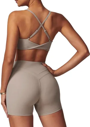 Womens Workout Sets Cross Back Sports Bras Matching High Waist Biker Shorts Yoga Jogger Outfits Work Out Clothes