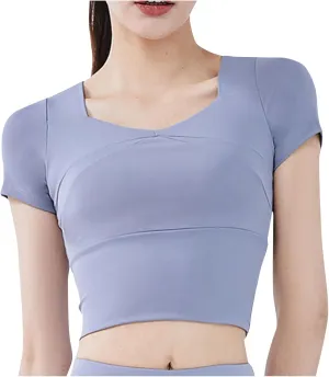 Womens Workout Tops with Built in Bra Summer Crop Short Sleeve Padded Yoga Shirts Quick Drying Fit Running Tshirts