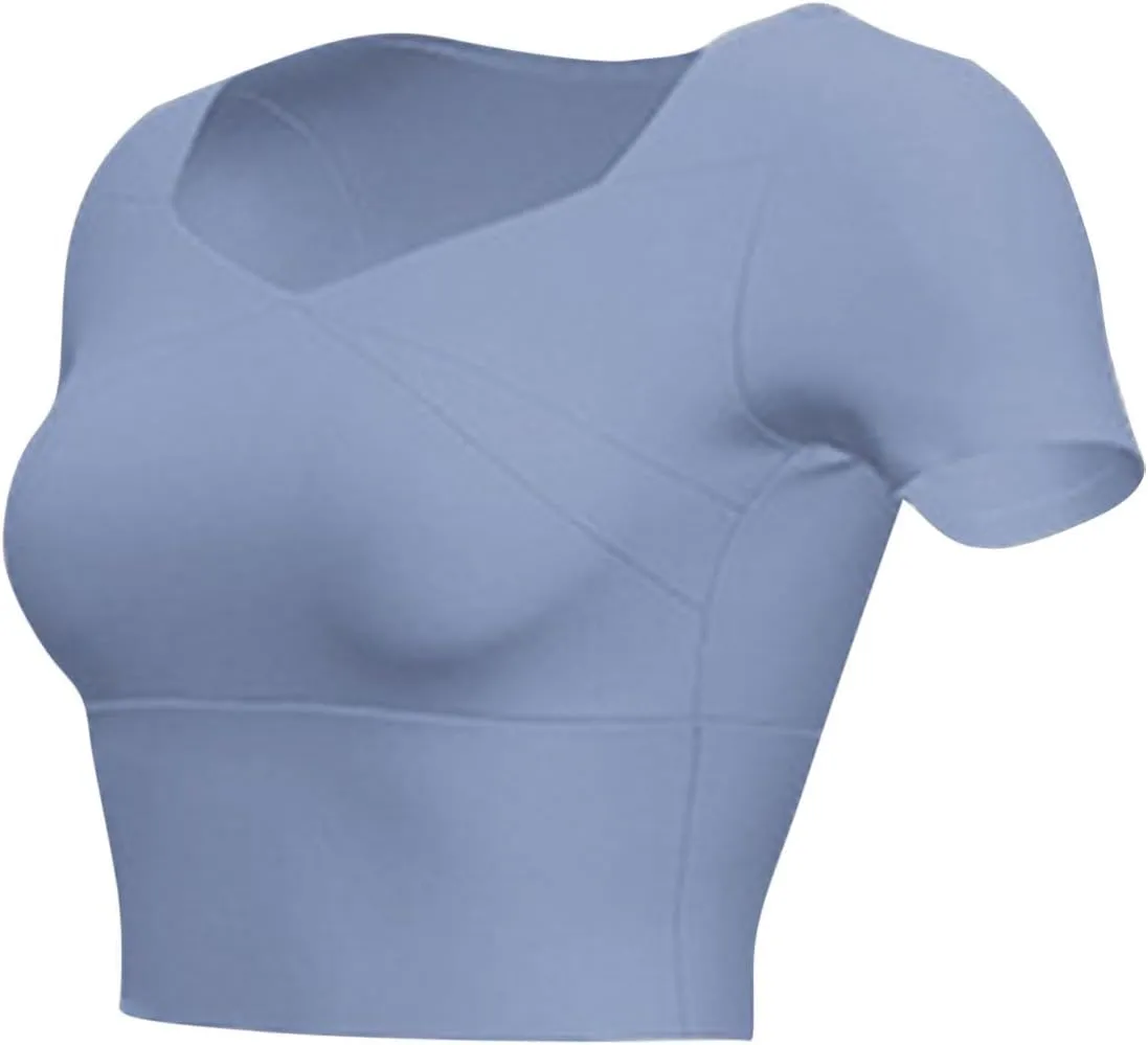 Womens Workout Tops with Built in Bra Summer Crop Short Sleeve Padded Yoga Shirts Quick Drying Fit Running Tshirts