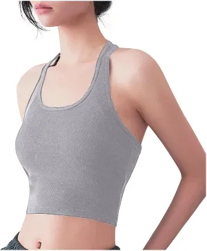 Workout Crop Tops for Women with Built in Bra, Halter Sleeveless Gym Tank Tops Seamless Stretch Athletic Yoga Shirts