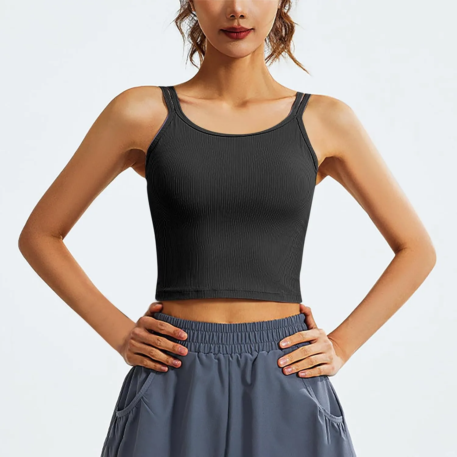 Workout Tank Tops for Women Built in Shelf Bras Padded Spaghetti Strap Crop Top Athletic Spandex Yoga Camisole