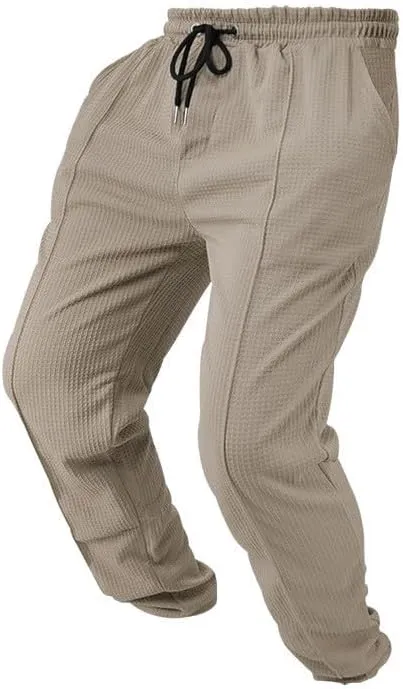 Xiaojmake Mens Casual Drawstring Pants 2025 Elastic Waist Lightweight Summer Loose Straight Waffle Work Pants with Pockets