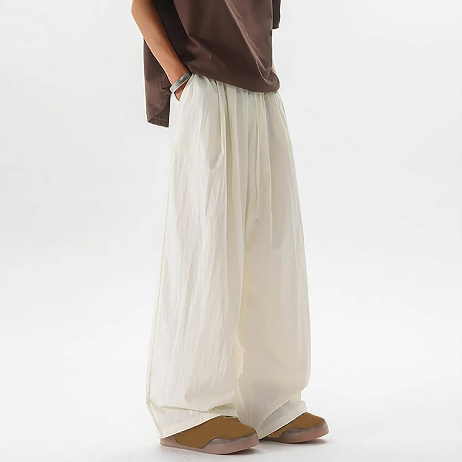 Xiaojmake Mens Linen Harem Pants Elastic Waist Wide Leg Pleated Thai Trousers Drawstrings Lightweight Summer Beach Pant