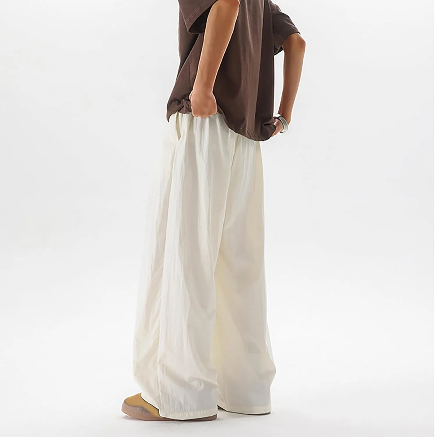 Xiaojmake Mens Linen Harem Pants Elastic Waist Wide Leg Pleated Thai Trousers Drawstrings Lightweight Summer Beach Pant