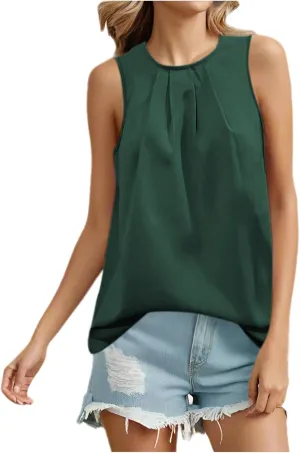 Xiaojmake Women's Summer Fashion Tank Shirt Solid Color Crew Neck Sleeveless Tunic Tank Tops Loose Fit Pleated Flowy Blouses