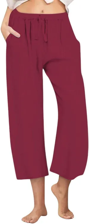 yardsong Capri Pants for Women Cotton Linen Summer Wide Leg Pants Casual Loose Fit Drawstring Boho Beach Pant with Pockets