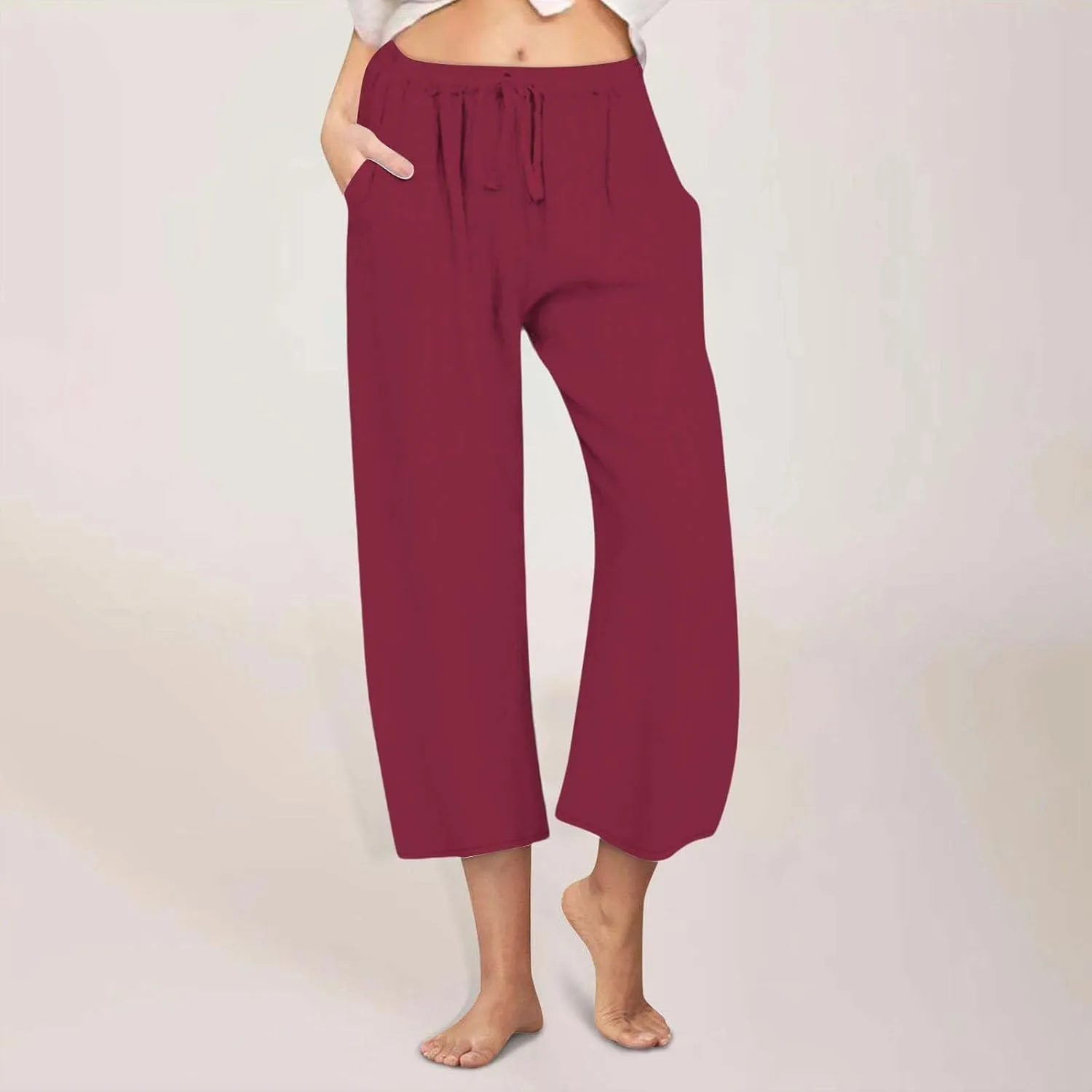 yardsong Capri Pants for Women Cotton Linen Summer Wide Leg Pants Casual Loose Fit Drawstring Boho Beach Pant with Pockets