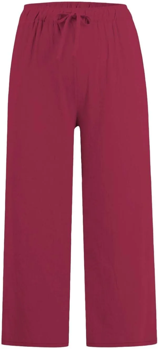 yardsong Capri Pants for Women Cotton Linen Summer Wide Leg Pants Casual Loose Fit Drawstring Boho Beach Pant with Pockets