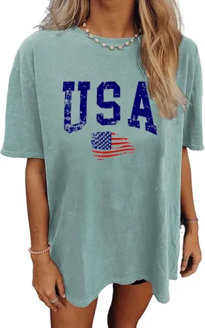 Zoyami Womens Oversized T Shirt USA Flag Graphic Tee Casual Summer Loose Short Sleeve Top