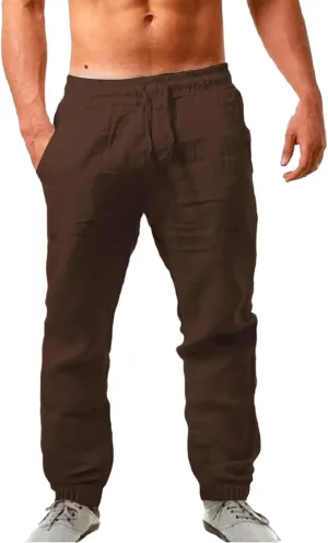 ZYXTIM Men's Linen Casual Pants with Pockets Elastic Waist Tapered Lightweight Summer Beach Pant Lounge Yoga Vacation Trouser